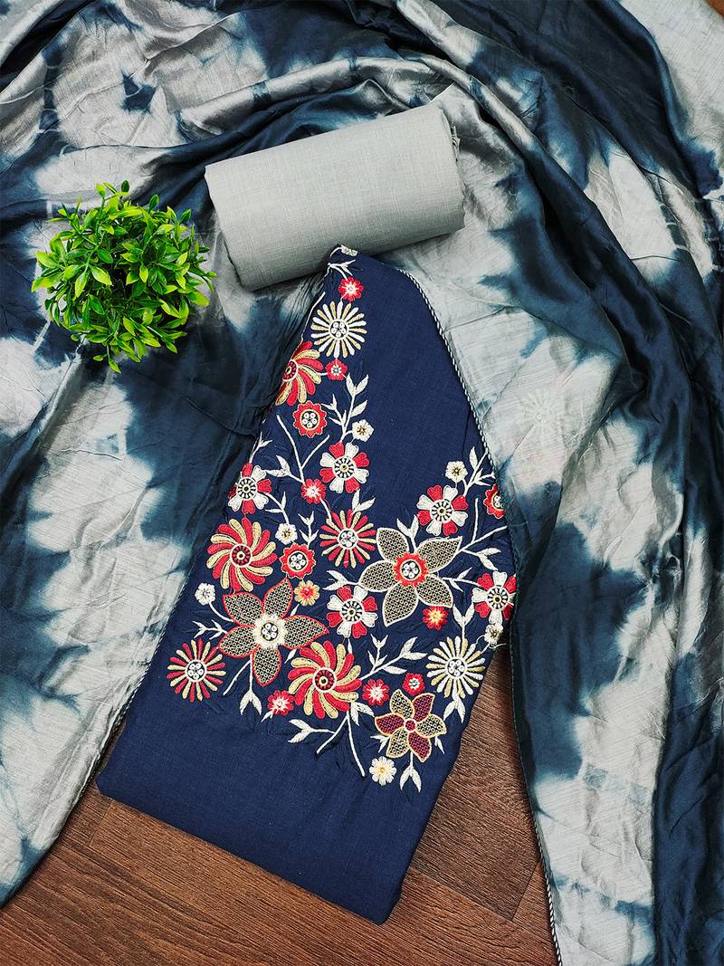 Stylish slub cotton embroidered dress material with dyable chanderi dupatta
