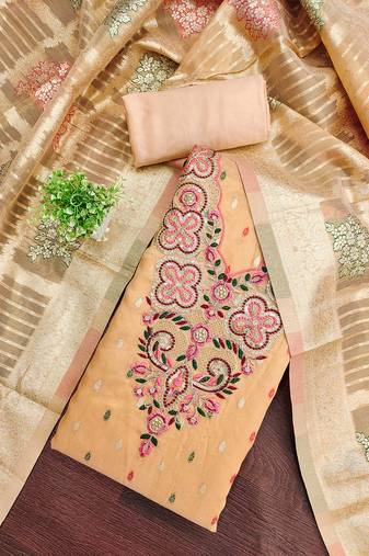 Elegant simmer butti embroidered dress material with jacquard dupatta & santoon bottom