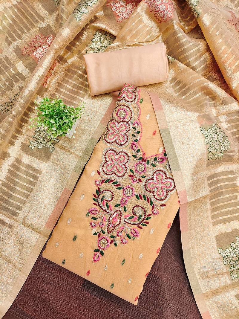 Elegant simmer butti embroidered dress material with jacquard dupatta & santoon bottom