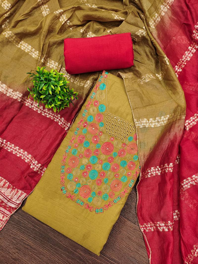 Elegant parampara cotton embroidered dress material with dyable jacquard dupatta