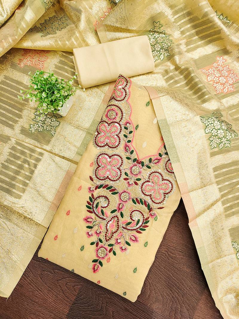 Elegant simmer butti embroidered dress material with jacquard dupatta & santoon bottom