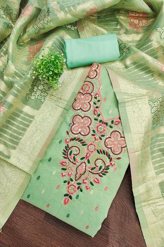 Elegant simmer butti embroidered dress material with jacquard dupatta & santoon bottom
