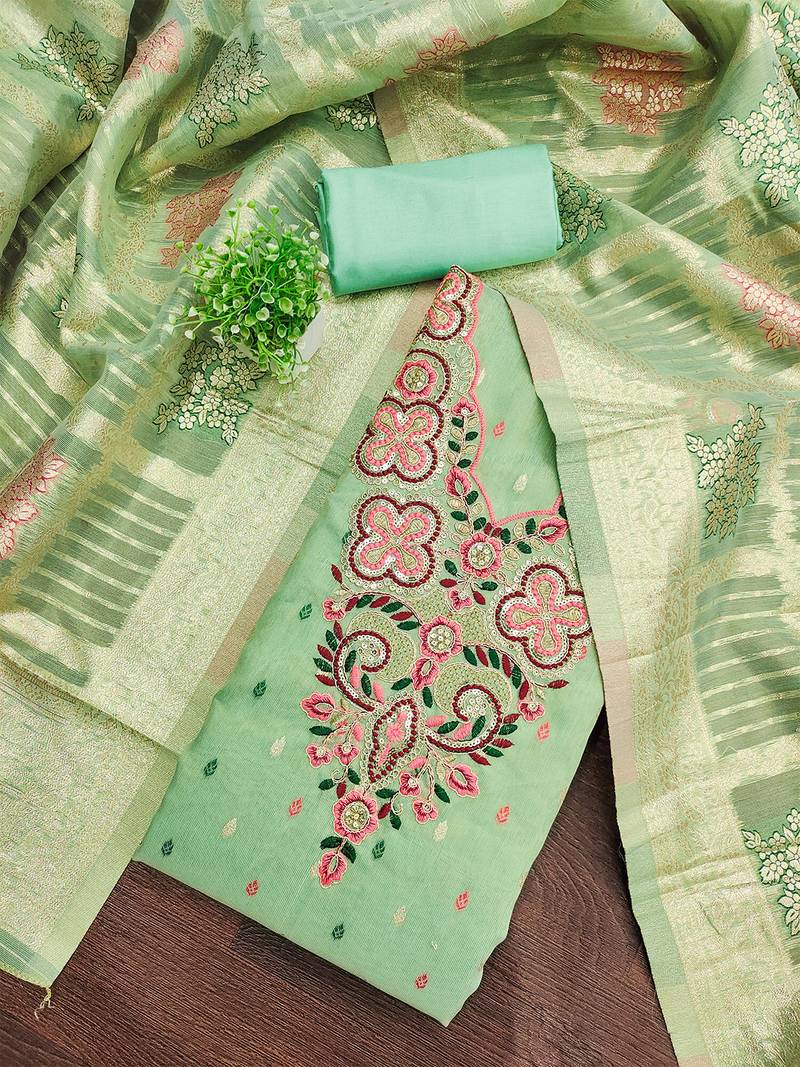 Elegant simmer butti embroidered dress material with jacquard dupatta & santoon bottom
