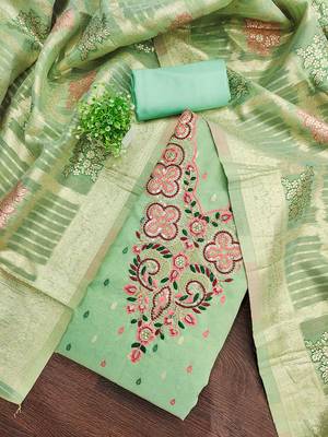 Elegant simmer butti embroidered dress material with jacquard dupatta & santoon bottom 1