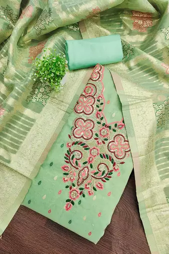 Elegant simmer butti embroidered dress material with jacquard dupatta & santoon bottom
