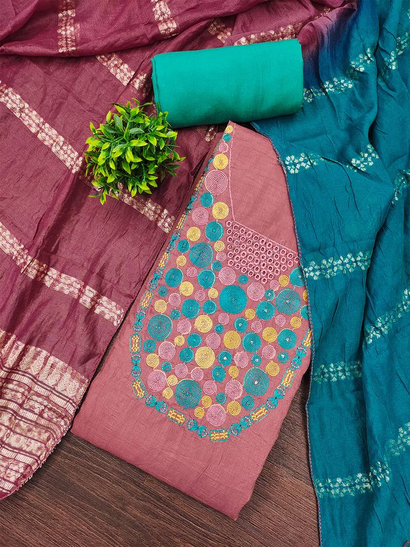 Elegant parampara cotton embroidered dress material with dyable jacquard dupatta