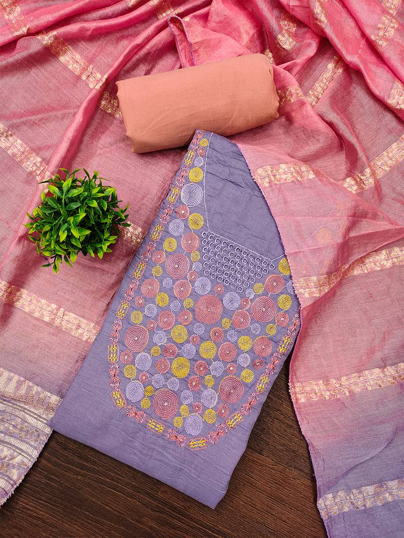 Elegant parampara cotton embroidered dress material with dyable jacquard dupatta