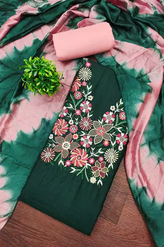 Stylish slub cotton embroidered dress material with dyable chanderi dupatta