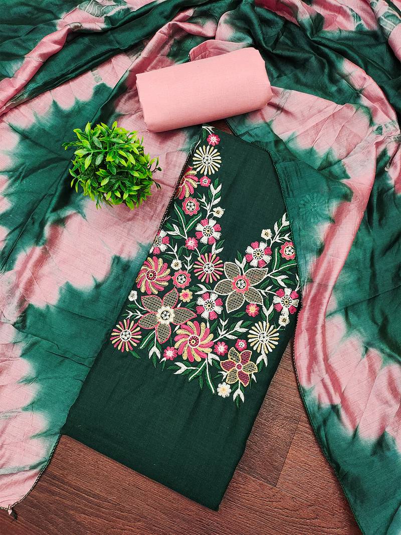 Stylish slub cotton embroidered dress material with dyable chanderi dupatta