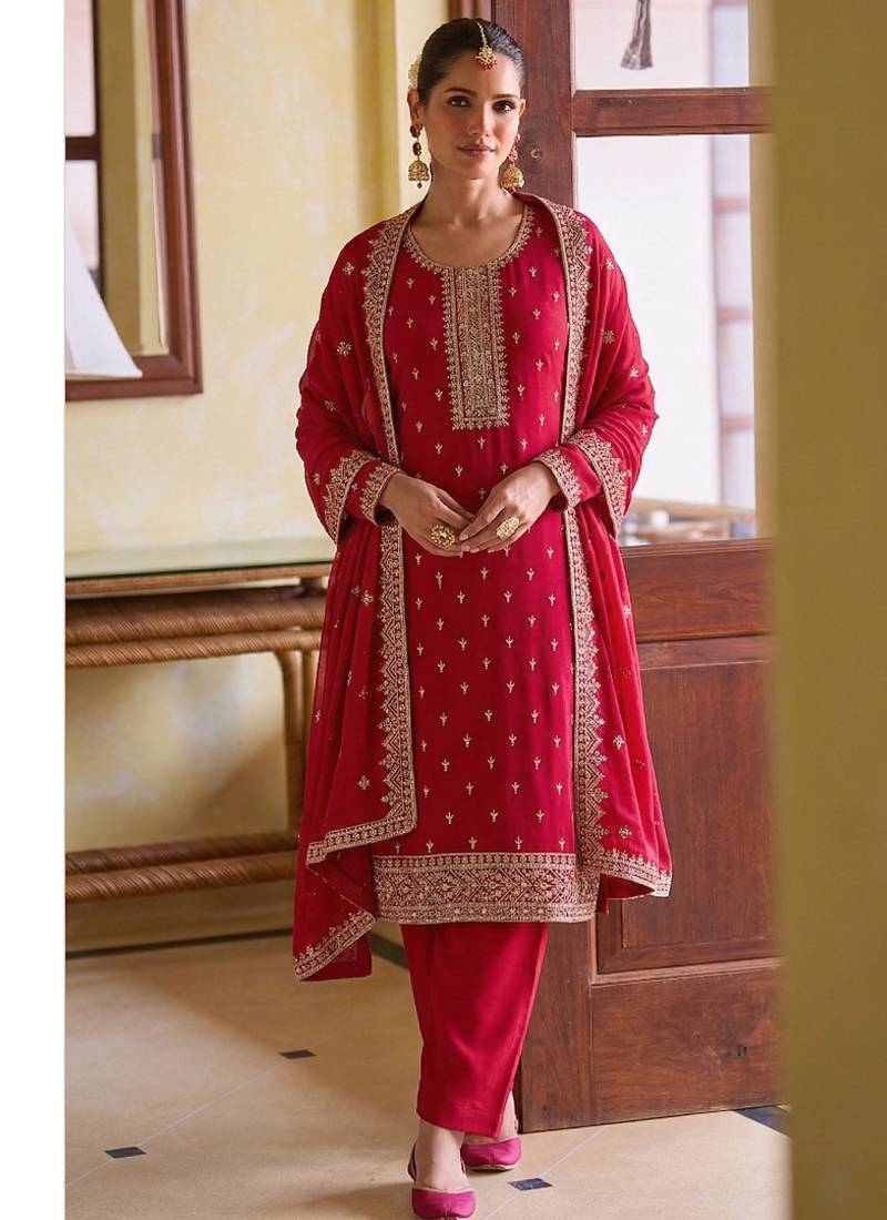 Heavy rani pink staright suit for women wedding wear