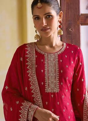 rani pink georgette straight suit with heavy embroidery semi stitched 2