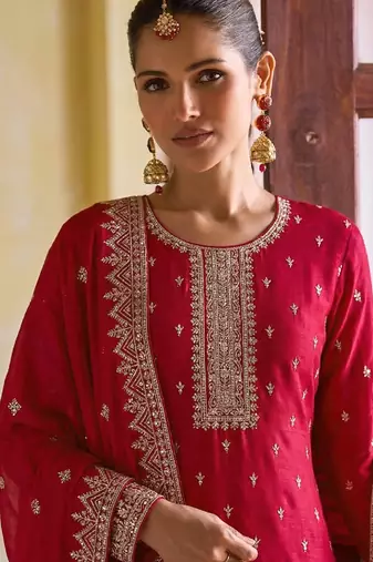rani pink georgette straight suit with heavy embroidery semi stitched