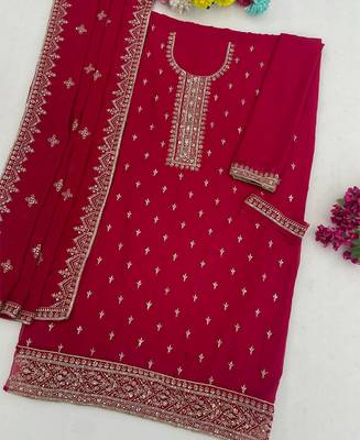 rani pink georgette straight suit with heavy embroidery semi stitched 3