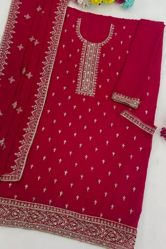 rani pink georgette straight suit with heavy embroidery semi stitched