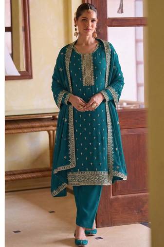Heavy aqua blue staright suit for women wedding wear