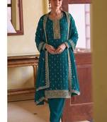 aqua blue georgette straight suit with heavy embroidery semi stitched