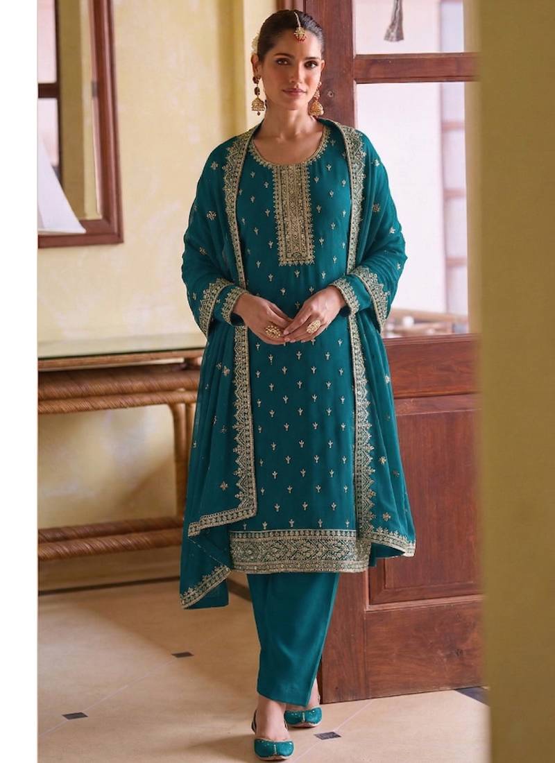 Heavy aqua blue staright suit for women wedding wear