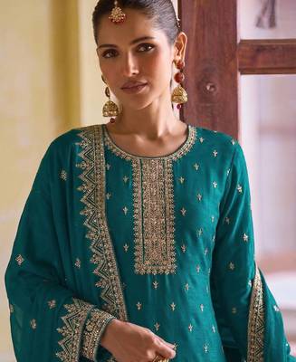 aqua blue georgette straight suit with heavy embroidery semi stitched 2