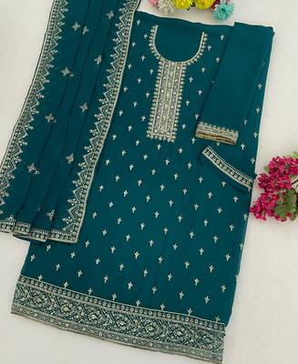 aqua blue georgette straight suit with heavy embroidery semi stitched 3