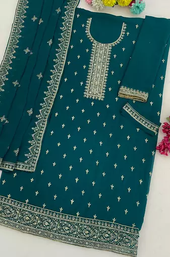 aqua blue georgette straight suit with heavy embroidery semi stitched