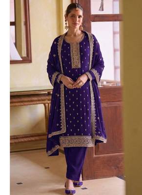 purple georgette straight suit with heavy embroidery semi stitched 1