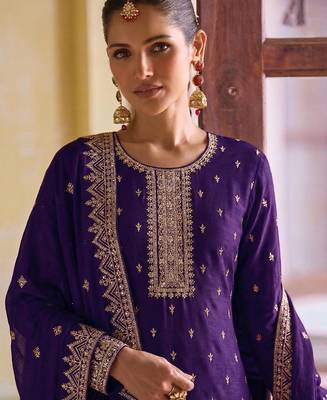 purple georgette straight suit with heavy embroidery semi stitched 2