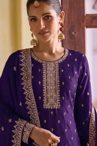 purple georgette straight suit with heavy embroidery semi stitched