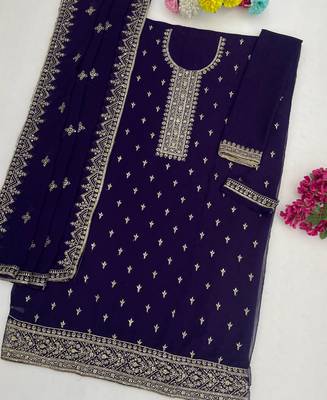 purple georgette straight suit with heavy embroidery semi stitched 3