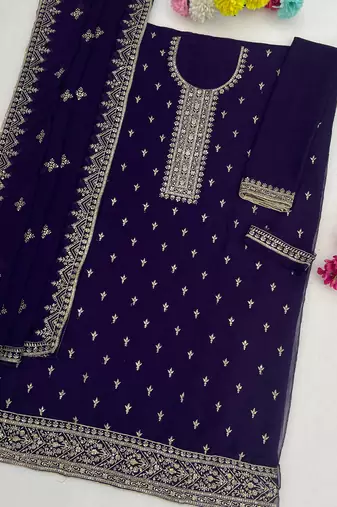 purple georgette straight suit with heavy embroidery semi stitched