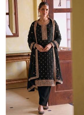 black georgette straight suit with heavy embroidery semi stitched 1