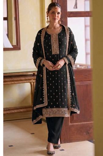 black georgette straight suit with heavy embroidery semi stitched