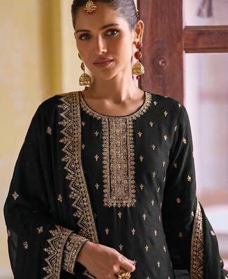 black georgette straight suit with heavy embroidery semi stitched 2