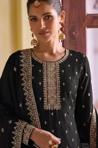 black georgette straight suit with heavy embroidery semi stitched