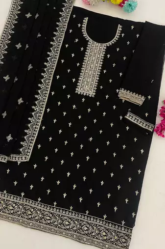 black georgette straight suit with heavy embroidery semi stitched