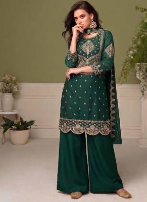 green wedding wear embroidered crush silk salwar suit semi stitched 1
