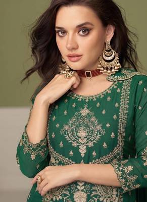 green wedding wear embroidered crush silk salwar suit semi stitched 2