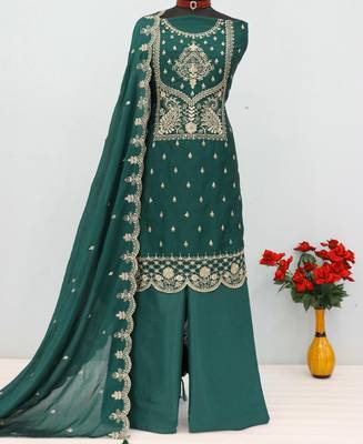 green wedding wear embroidered crush silk salwar suit semi stitched 3