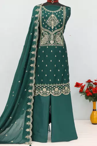 green wedding wear embroidered crush silk salwar suit semi stitched