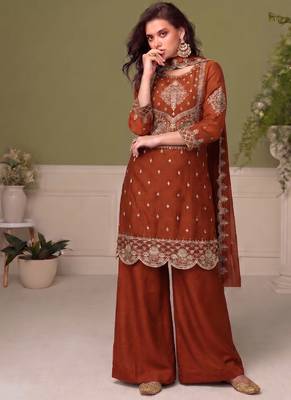 orange wedding wear embroidered crush silk salwar suit semi stitched 1