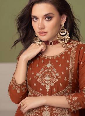 orange wedding wear embroidered crush silk salwar suit semi stitched 2