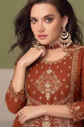 orange wedding wear embroidered crush silk salwar suit semi stitched