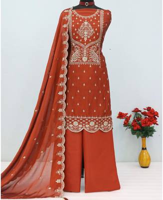 orange wedding wear embroidered crush silk salwar suit semi stitched 3