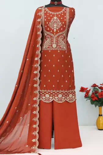 orange wedding wear embroidered crush silk salwar suit semi stitched