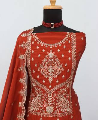 orange wedding wear embroidered crush silk salwar suit semi stitched 4