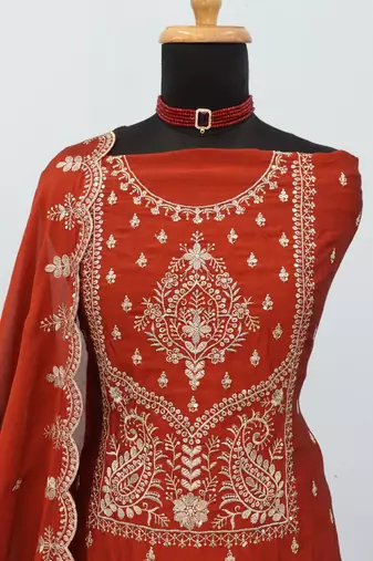 orange wedding wear embroidered crush silk salwar suit semi stitched