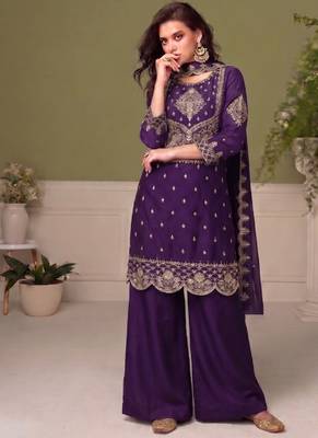 purple wedding wear embroidered crush silk salwar suit semi stitched 1