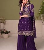 purple wedding wear embroidered crush silk salwar suit semi stitched