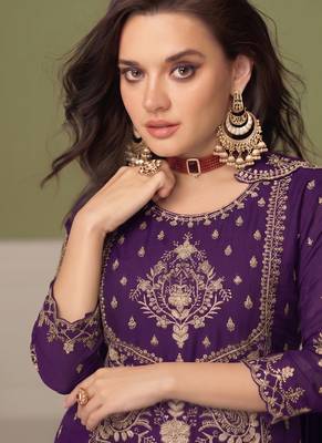 purple wedding wear embroidered crush silk salwar suit semi stitched 2