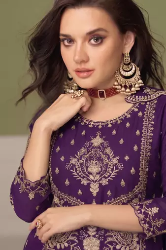 purple wedding wear embroidered crush silk salwar suit semi stitched
