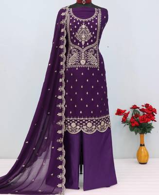 purple wedding wear embroidered crush silk salwar suit semi stitched 3